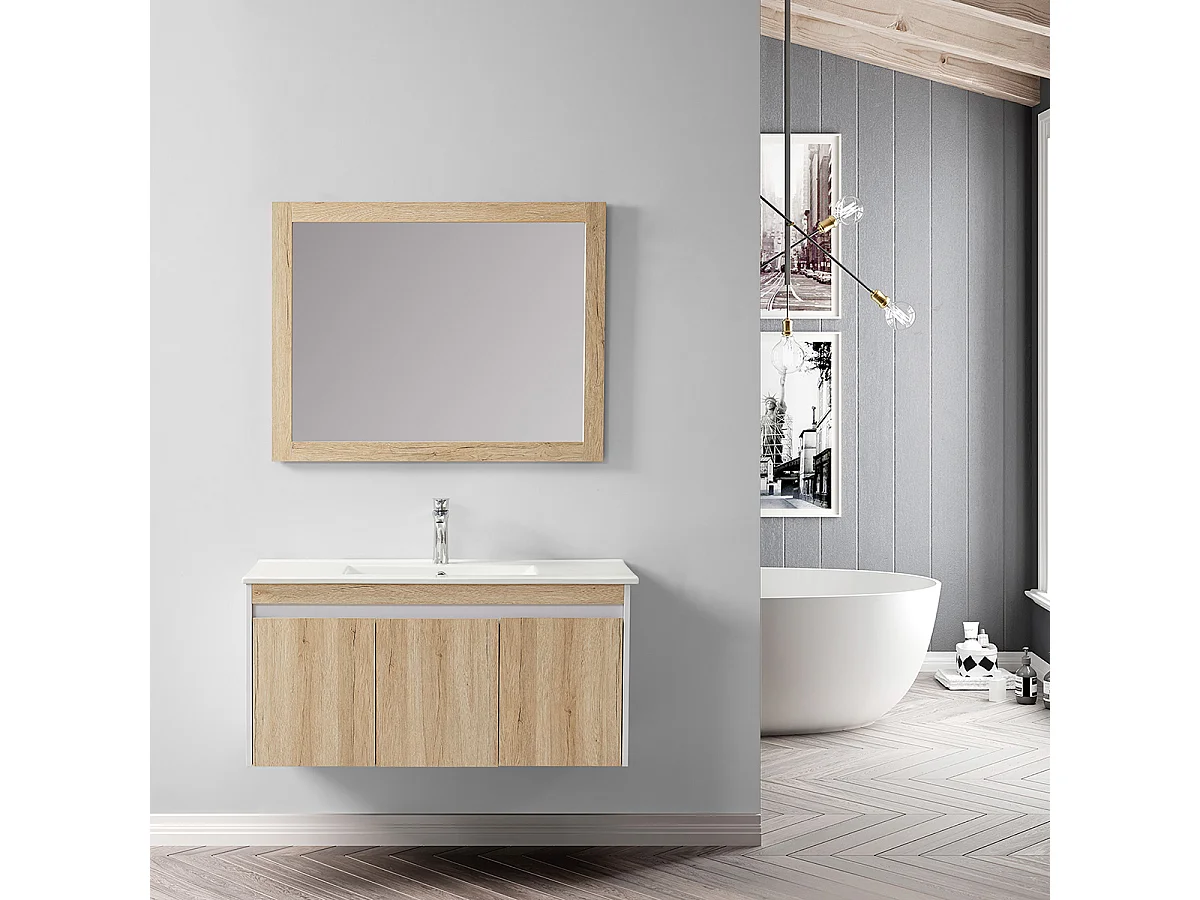 Ensemble de salle de bain bois et blanc 99 cm