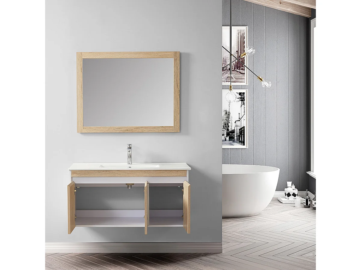 Ensemble de salle de bain bois et blanc 99 cm