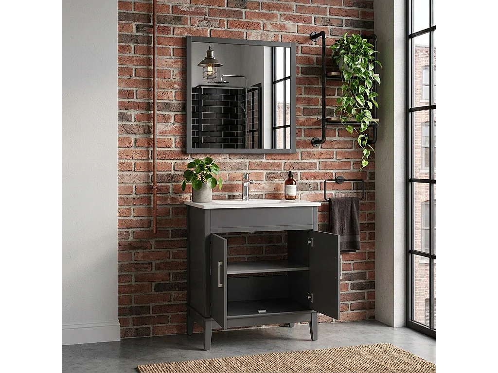 Ensemble salle de bain gris 75 cm meuble 2 portes vasque miroir