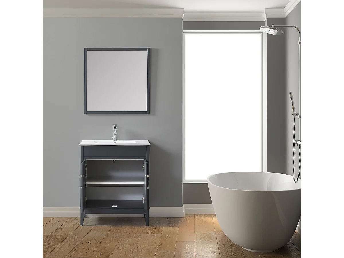 Ensemble salle de bain gris 75 cm meuble 2 portes vasque miroir