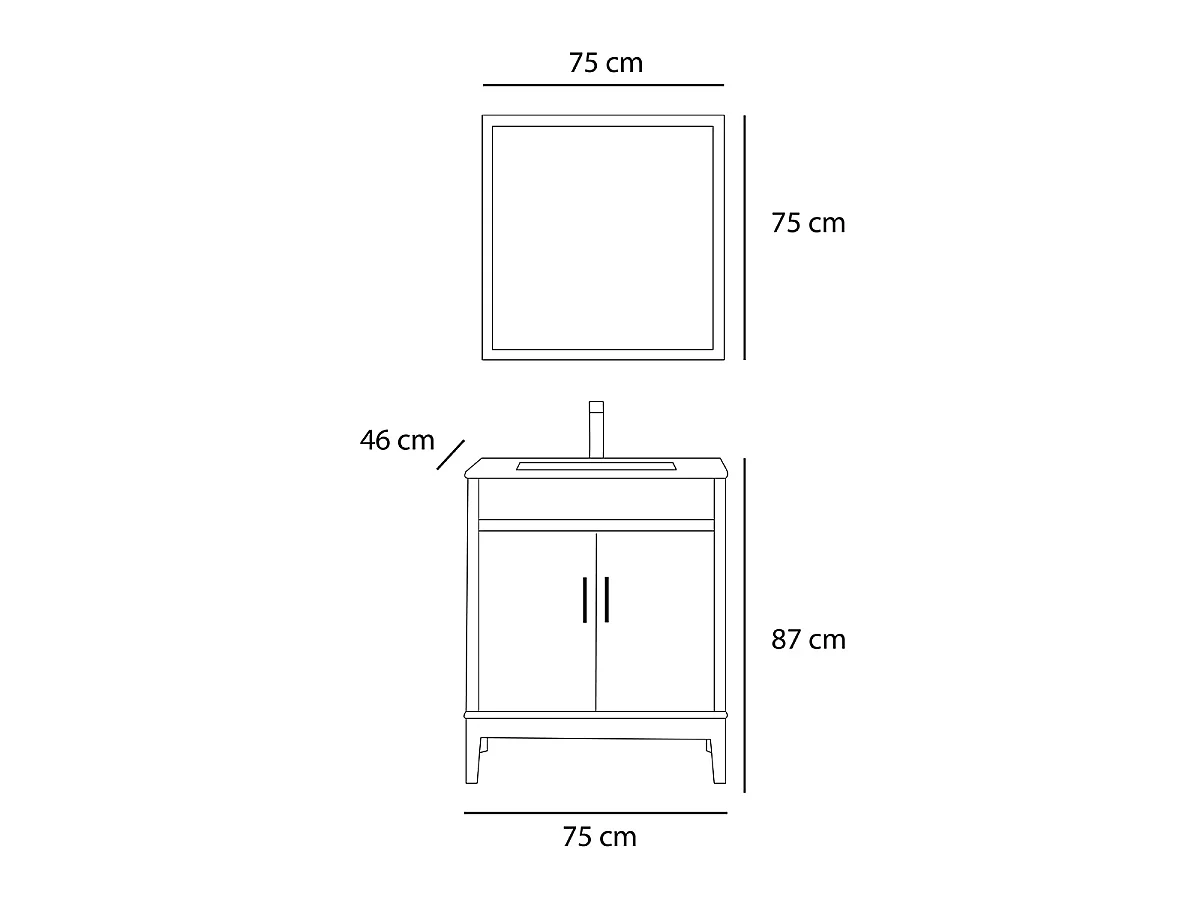 Ensemble salle de bain gris 75 cm meuble 2 portes vasque miroir