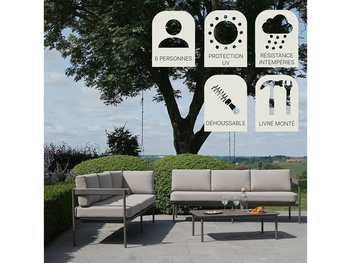 Salon de jardin bas aluminium 6 places modulable taupe SAHARA
