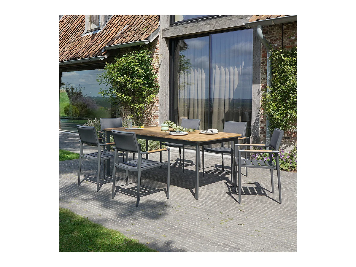 Table 6/8 places en teck massif et aluminium Anthracite PIANA