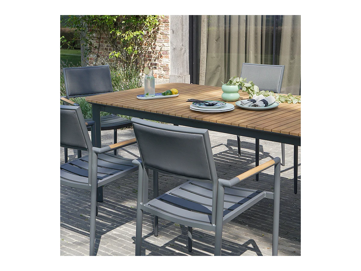 Table 6/8 places en teck massif et aluminium Anthracite PIANA