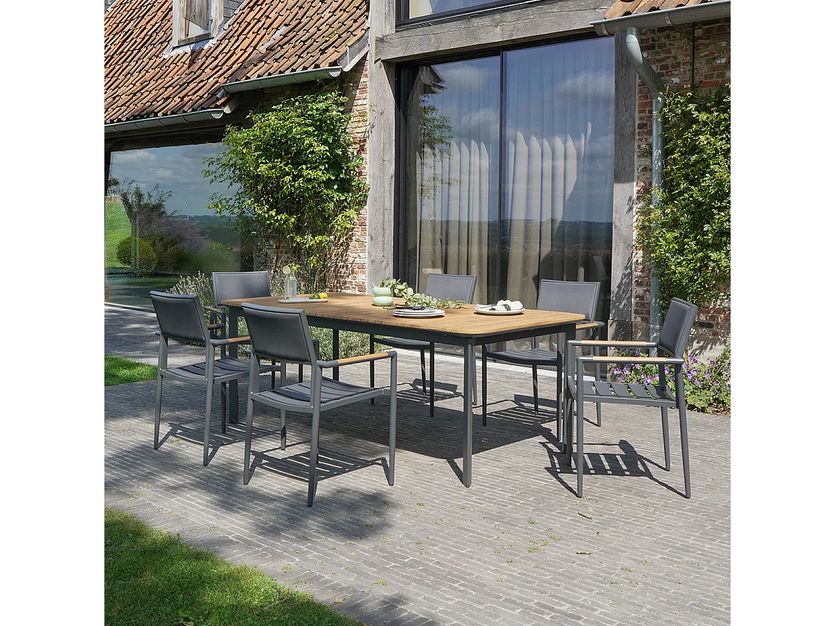 Table 6/8 places en teck massif et aluminium Anthracite PIANA