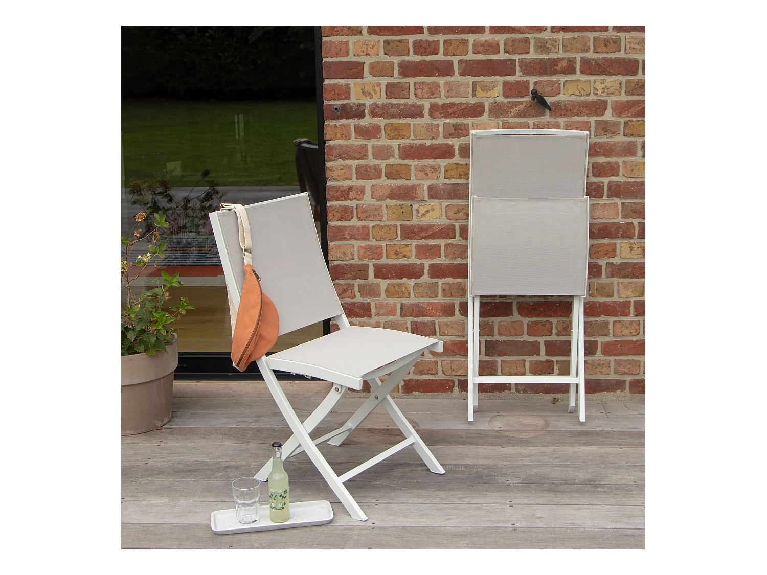Chaises pliantes White Star en aluminium blanc, assise textilène grise