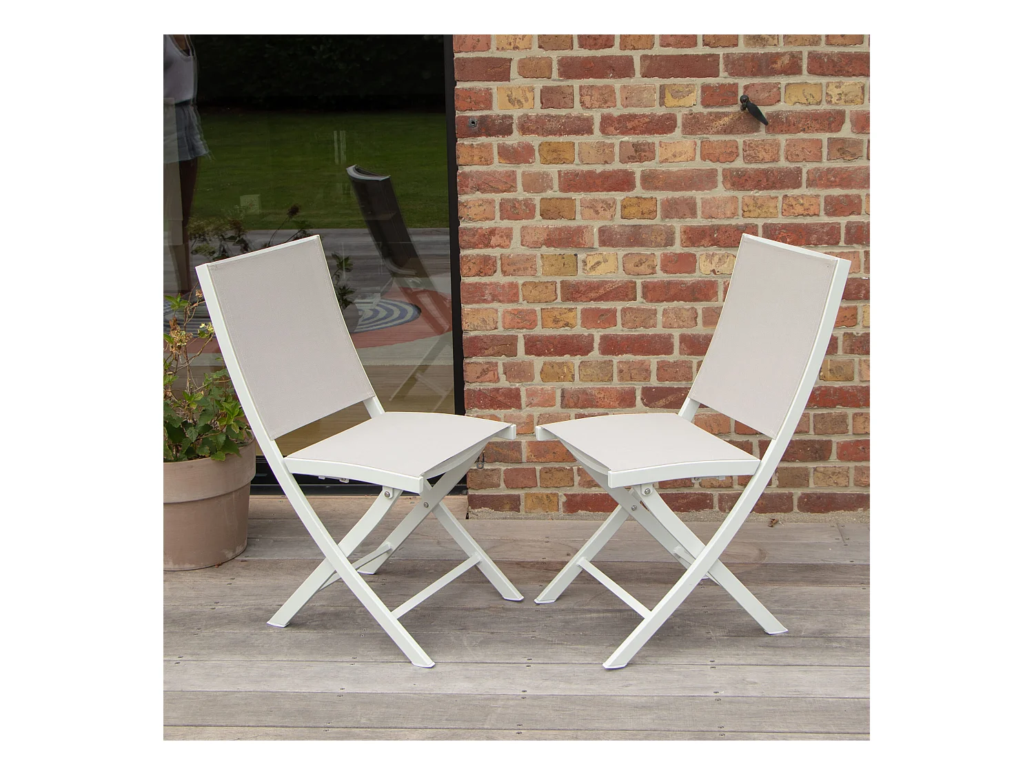 Chaises pliantes White Star en aluminium blanc, assise textilène grise
