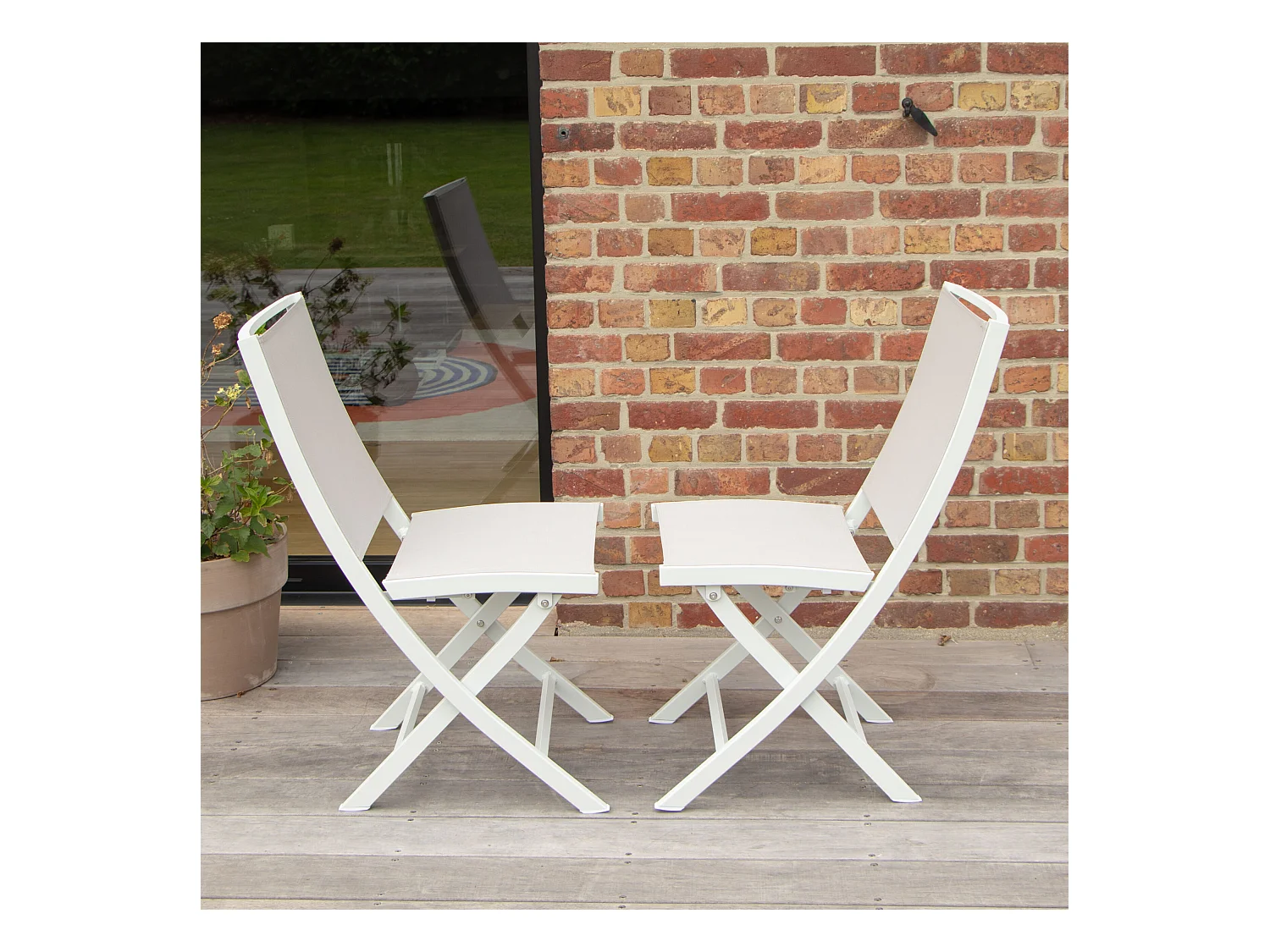 Chaises pliantes White Star en aluminium blanc, assise textilène grise