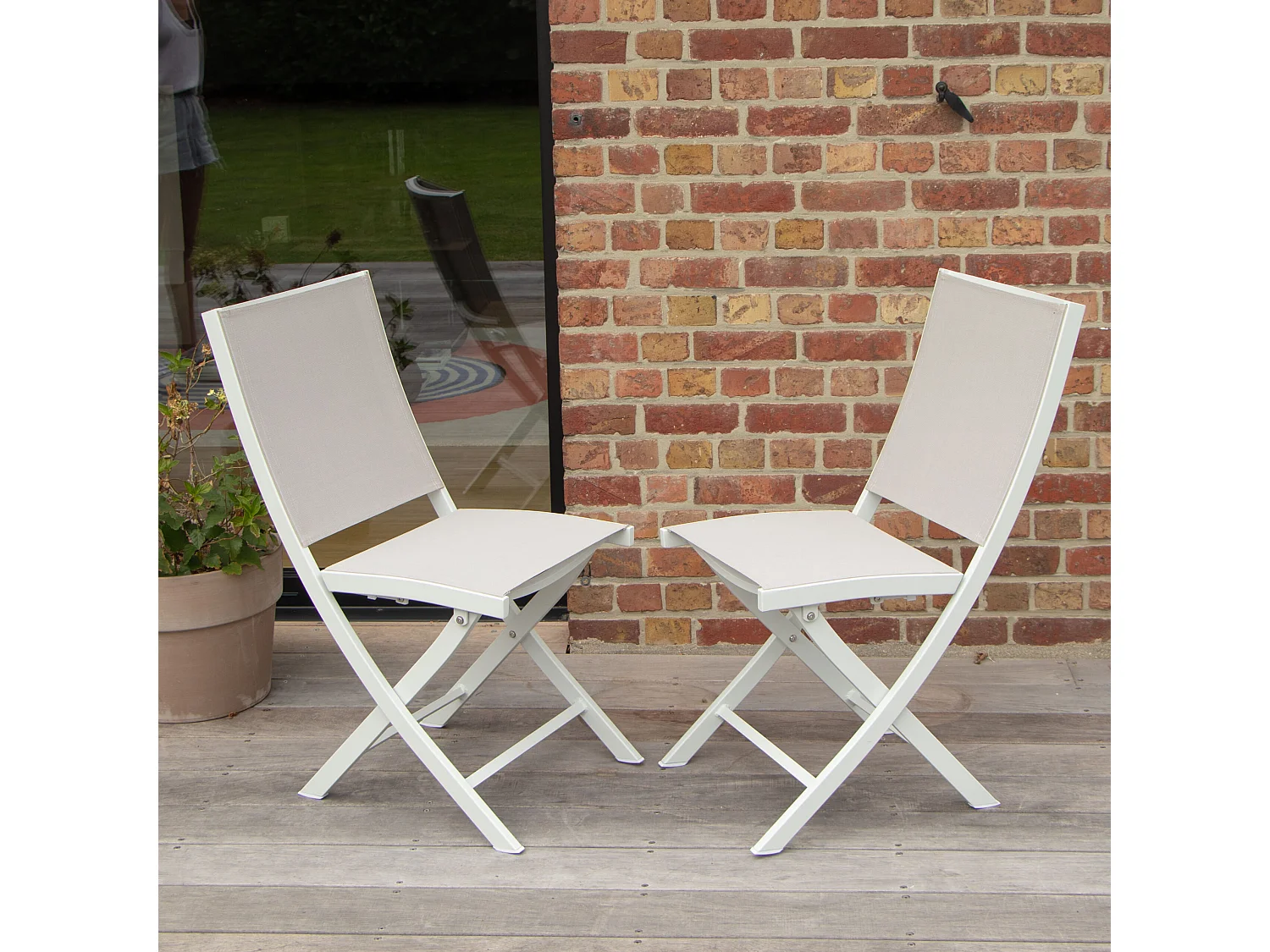 Chaises pliantes White Star en aluminium blanc, assise textilène grise