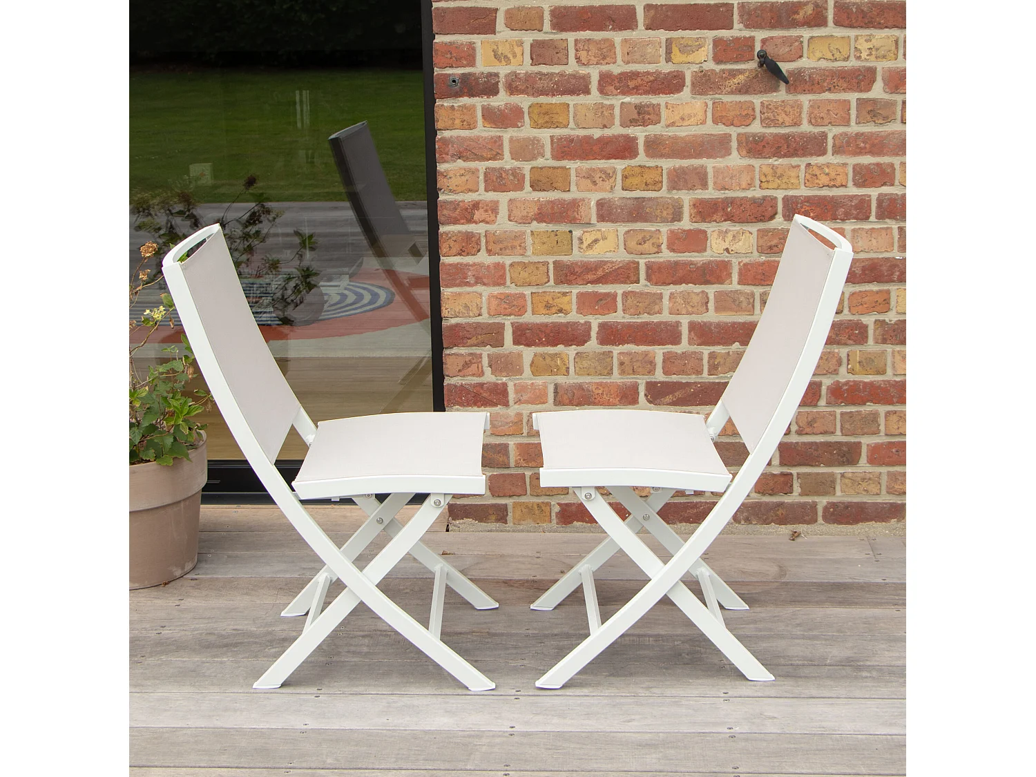 Chaises pliantes White Star en aluminium blanc, assise textilène grise