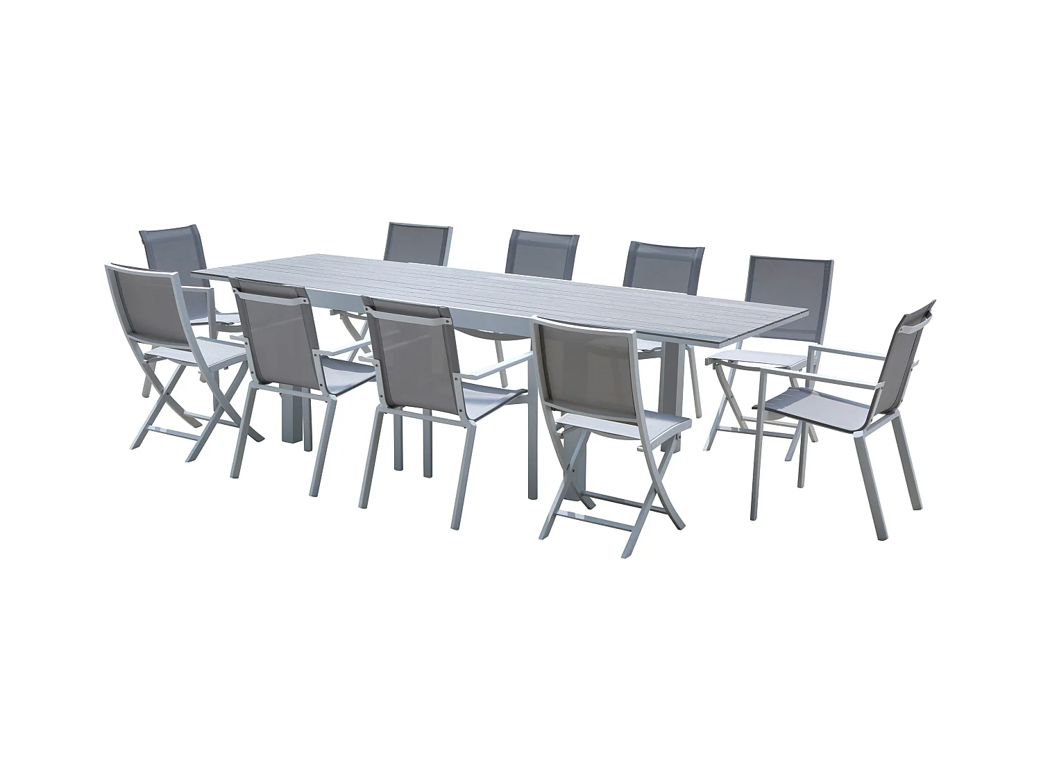 Ensemble TULUM 6/10p en aluminium blanc et plateau en alu décors bois avec 6 fauteuils et 4 chaises pliantes