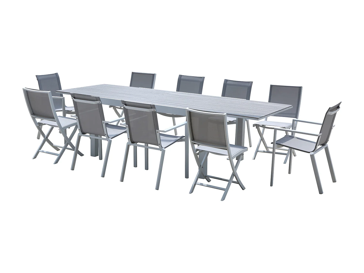 Ensemble TULUM 6/10p en aluminium blanc et plateau en alu décors bois avec 6 fauteuils et 4 chaises pliantes