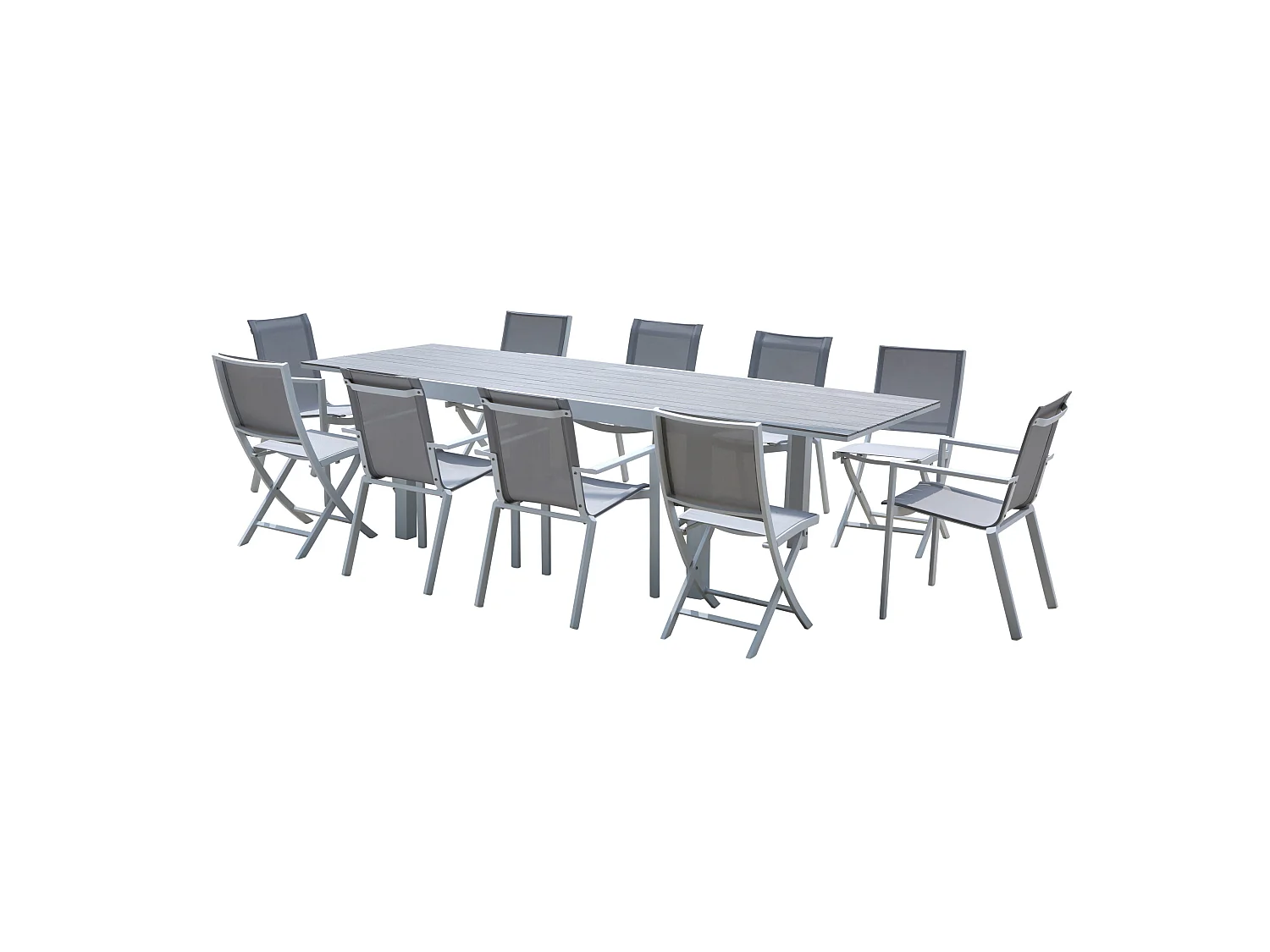 Ensemble TULUM 6/10p en aluminium blanc et plateau en alu décors bois avec 6 fauteuils et 4 chaises pliantes