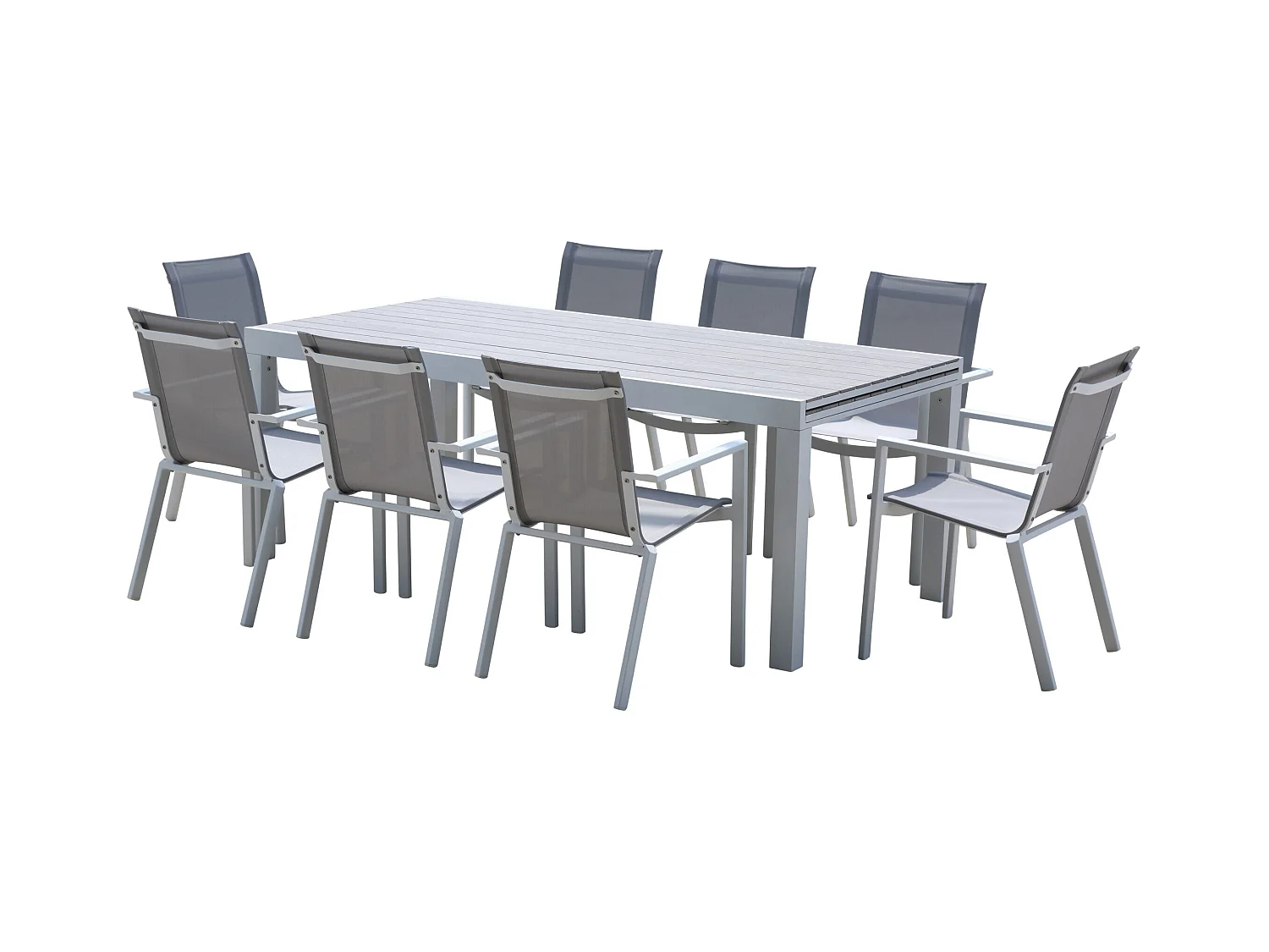 Ensemble TULUM 8/12p en aluminium blanc et plateau en aluminium décors bois avec 8 fauteuils en textilène