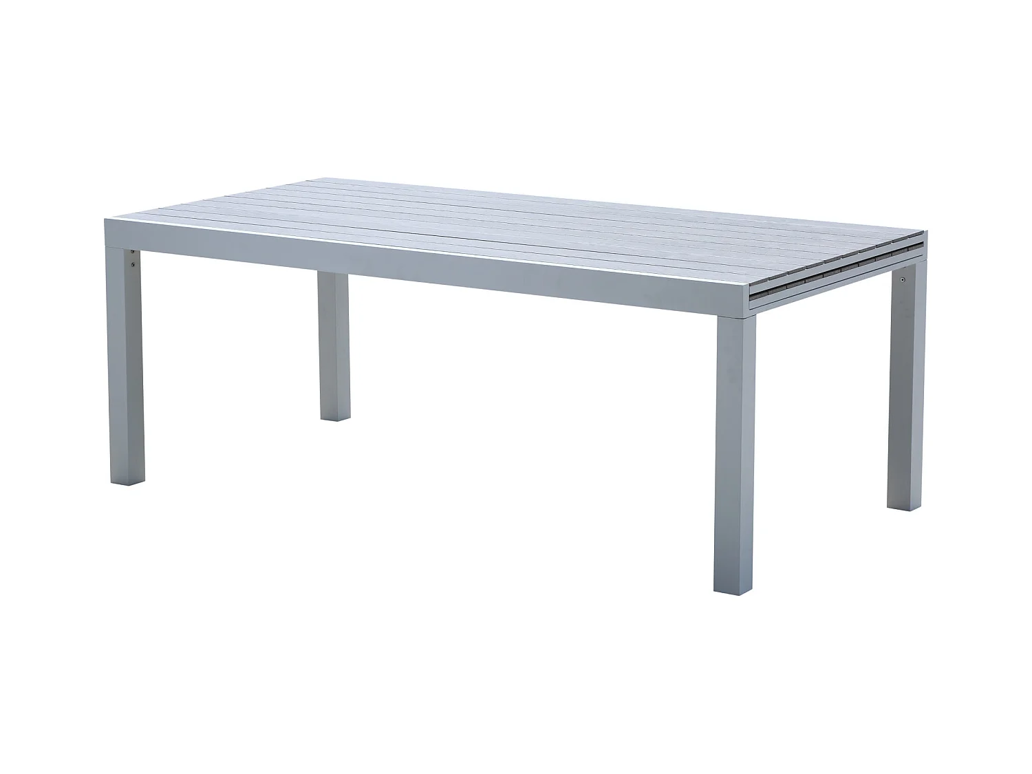 Ensemble TULUM 8/12p en aluminium blanc et plateau en aluminium décors bois avec 8 fauteuils en textilène