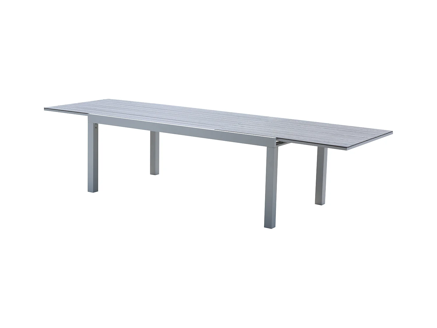 Ensemble TULUM 8/12p en aluminium blanc et plateau en aluminium décors bois avec 8 fauteuils en textilène