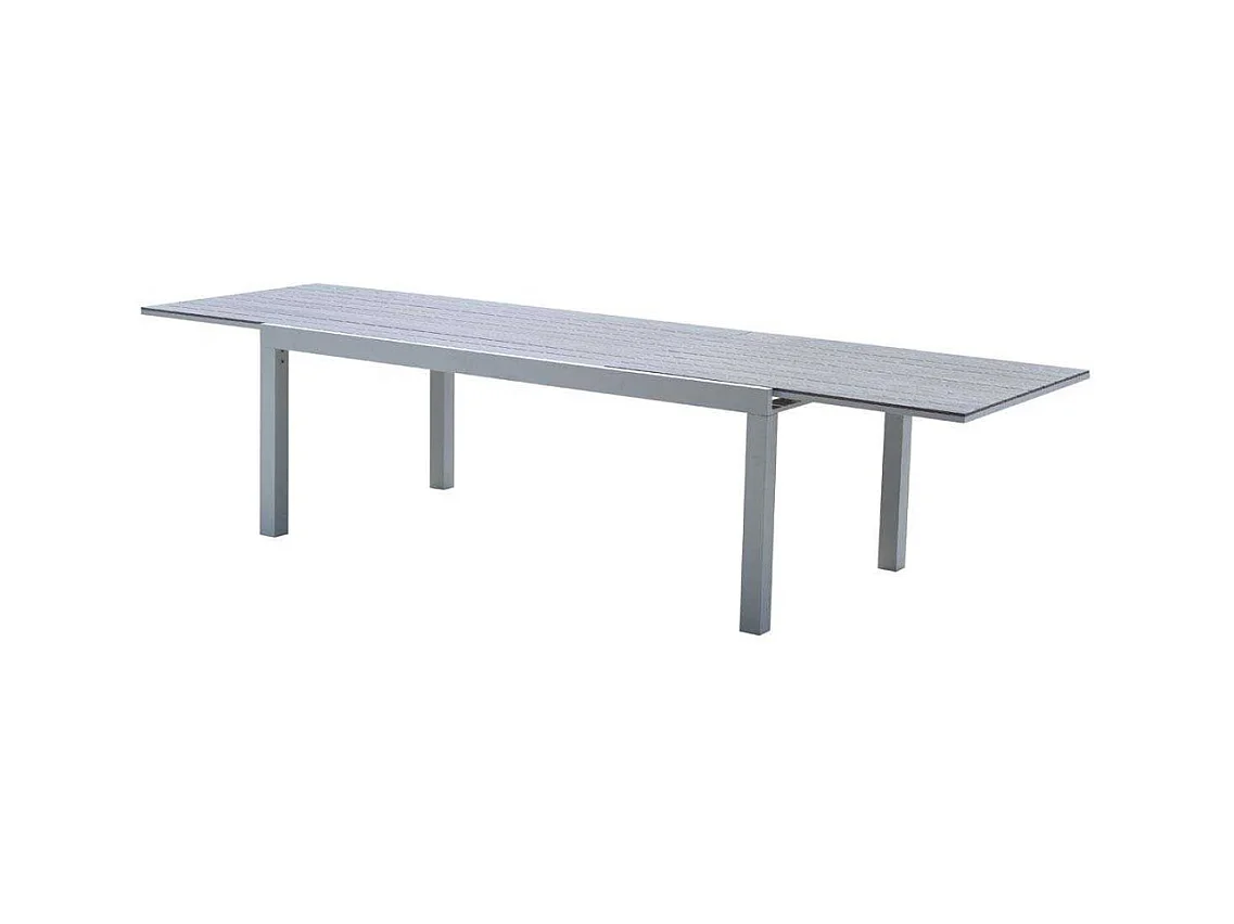 Ensemble TULUM 8/12p en aluminium blanc et plateau en aluminium décors bois avec 8 fauteuils en textilène