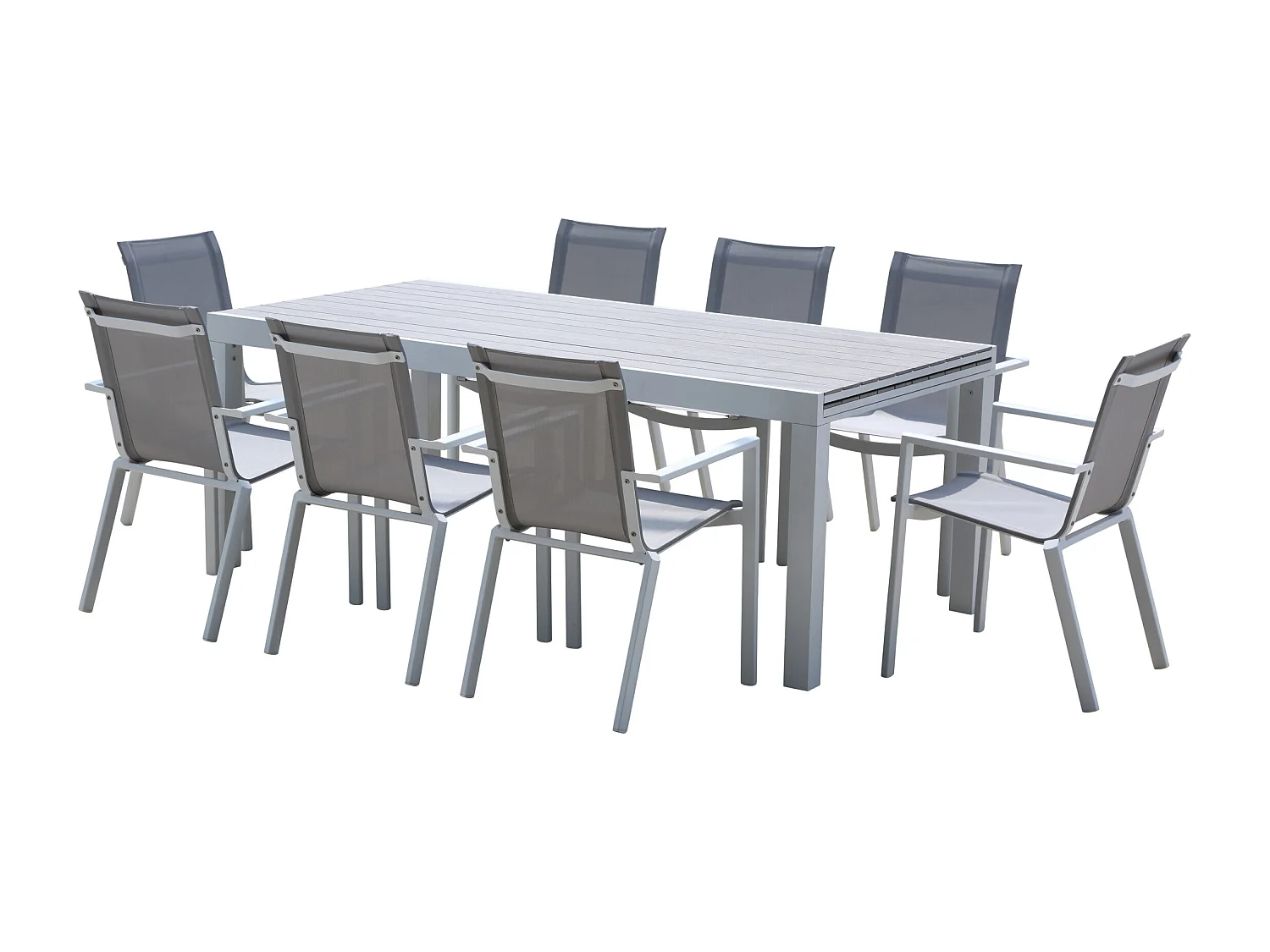Ensemble TULUM 8/12p en aluminium blanc et plateau en aluminium décors bois avec 8 fauteuils en textilène