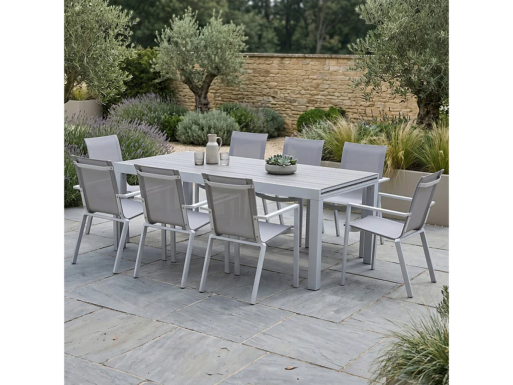 Ensemble TULUM 8/12p en aluminium blanc et plateau en aluminium décors bois avec 8 fauteuils en textilène