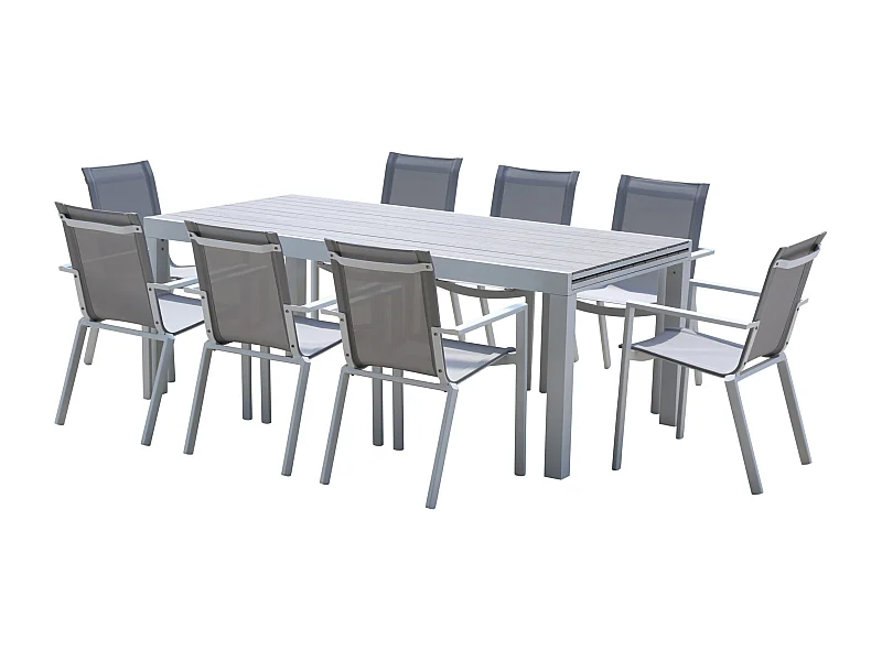 Ensemble TULUM 8/12p en aluminium blanc et plateau en aluminium décors bois avec 8 fauteuils en textilène