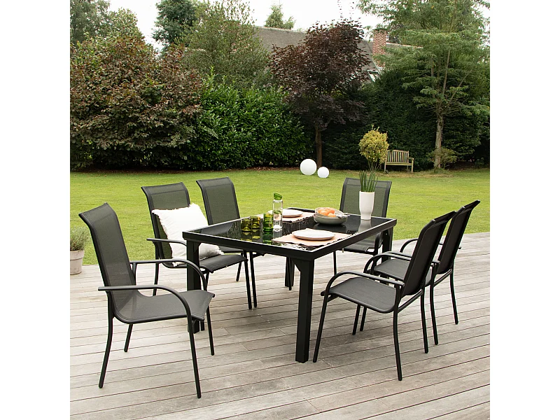 Ensemble BLACKEDITION 6p en aluminium, plateau en verre trempé opaque avec 6 fauteuils en textilène