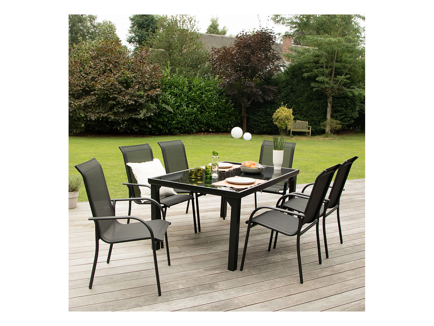 Ensemble BLACKEDITION 6p en aluminium, plateau en verre trempé opaque avec 6 fauteuils en textilène