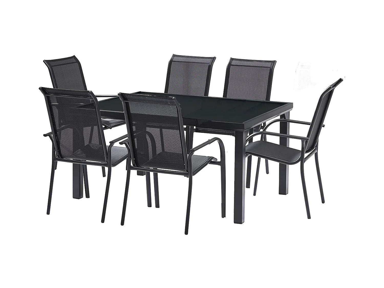 Ensemble BLACKEDITION 6p en aluminium, plateau en verre trempé opaque avec 6 fauteuils en textilène