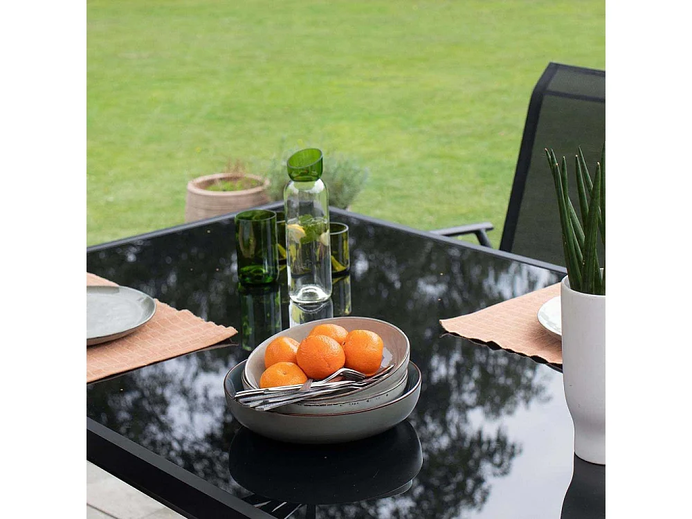 Ensemble BLACKEDITION 6p en aluminium, plateau en verre trempé opaque avec 6 fauteuils en textilène