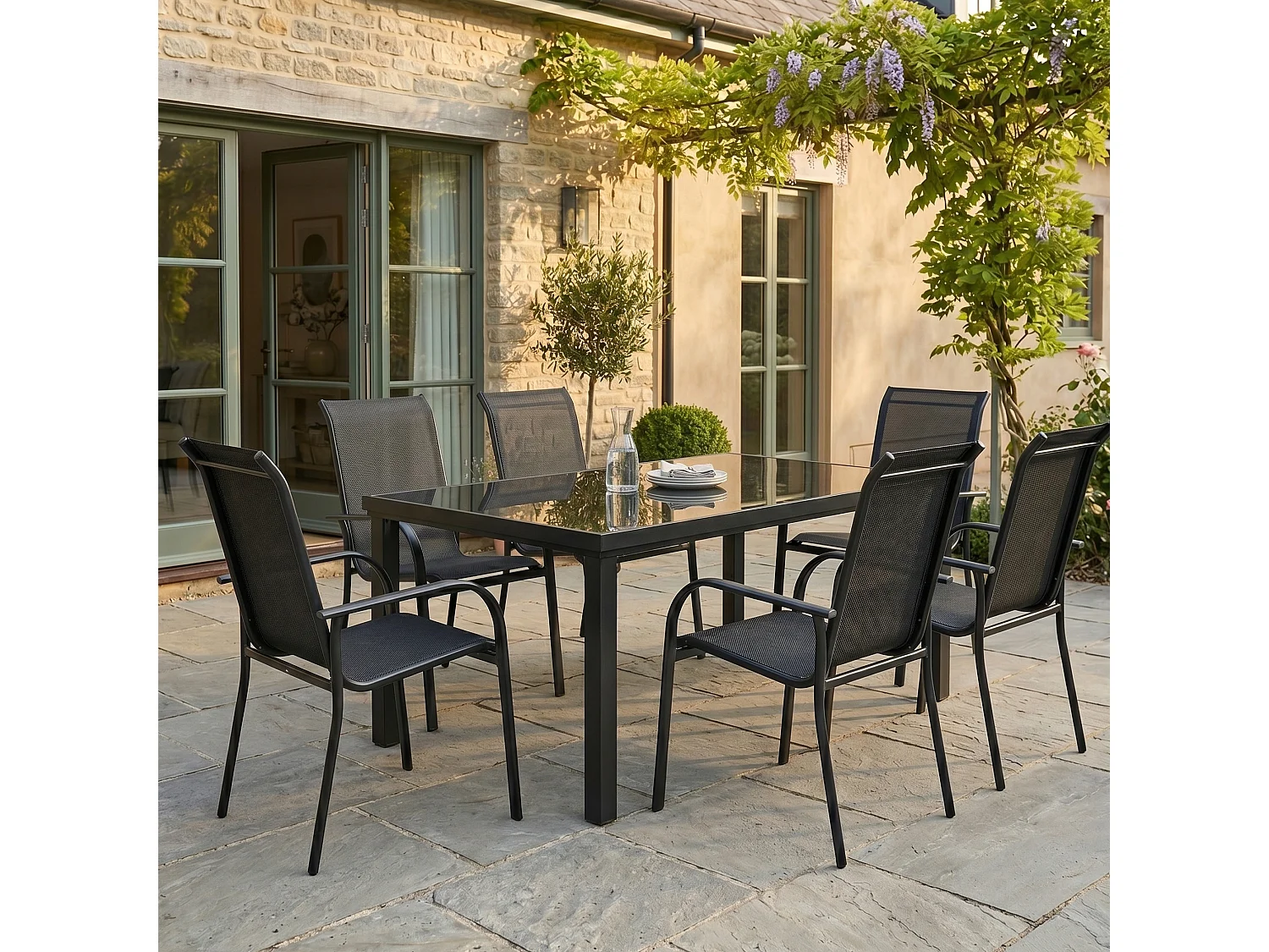 Ensemble BLACKEDITION 6p en aluminium, plateau en verre trempé opaque avec 6 fauteuils en textilène
