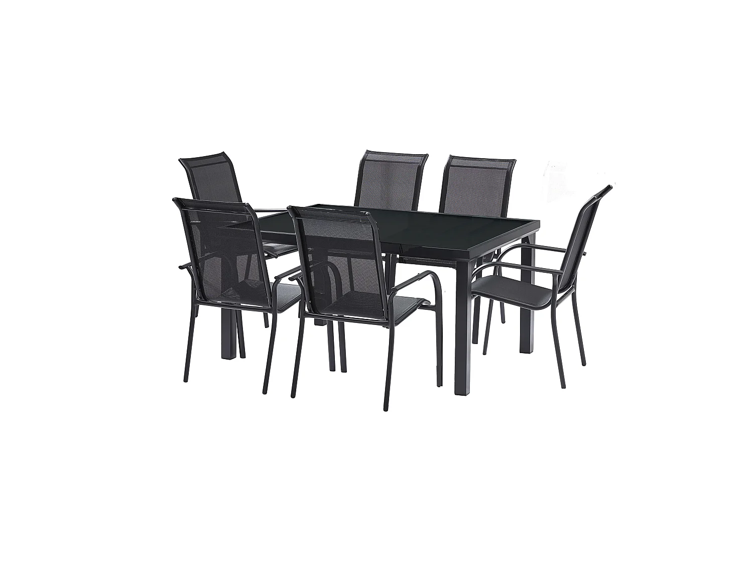 Ensemble BLACKEDITION 6p en aluminium, plateau en verre trempé opaque avec 6 fauteuils en textilène