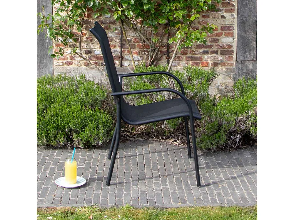 Ensemble BLACKEDITION 6p en aluminium, plateau en verre trempé opaque avec 6 fauteuils en textilène