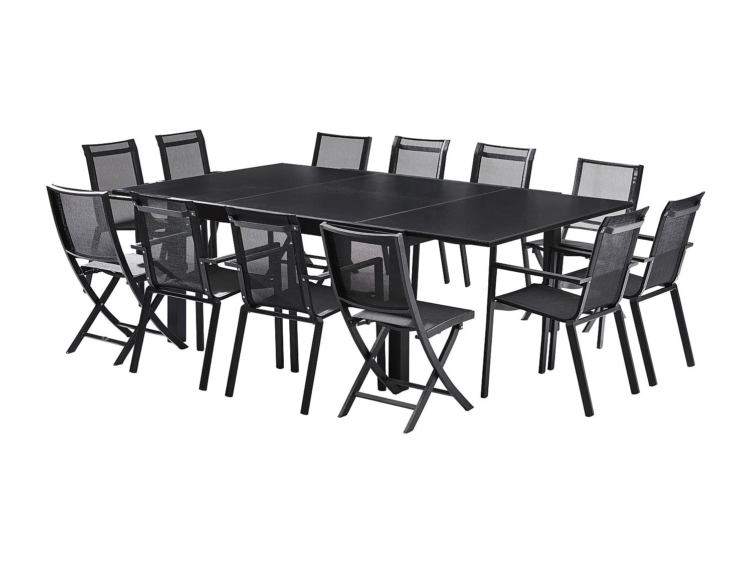 Ensemble BLACKSTAR 8/12p en aluminium noir et verre noir avec 8 fauteuils et 4 chaises pliantes en aluminium et textilène