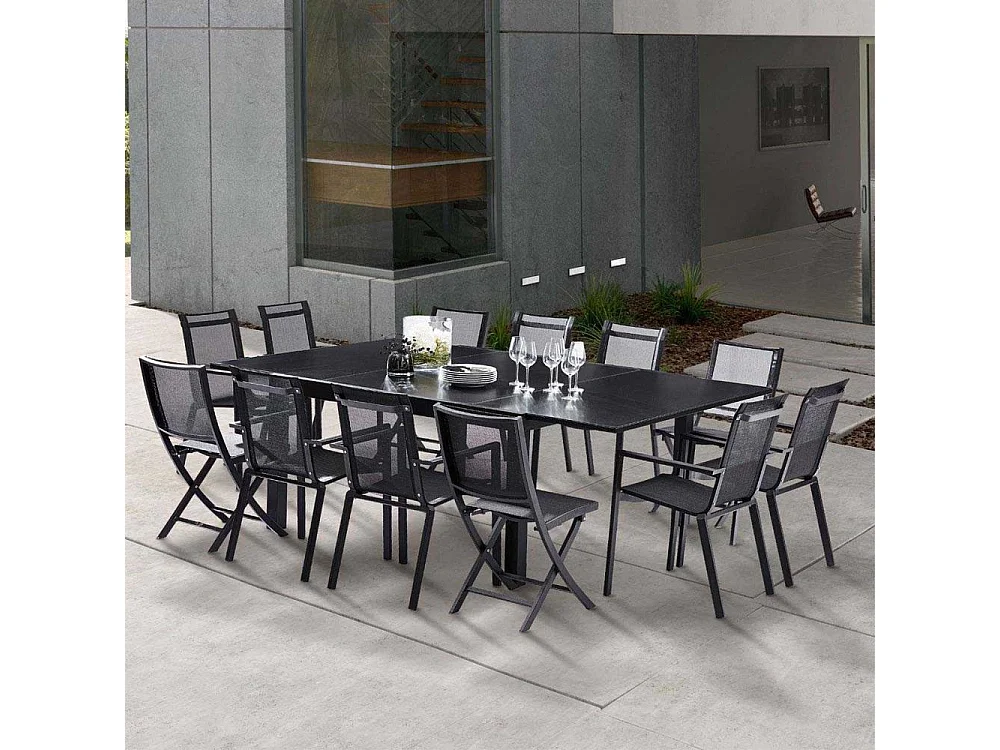 Ensemble BLACKSTAR 8/12p en aluminium noir et verre noir avec 8 fauteuils et 4 chaises pliantes en aluminium et textilène