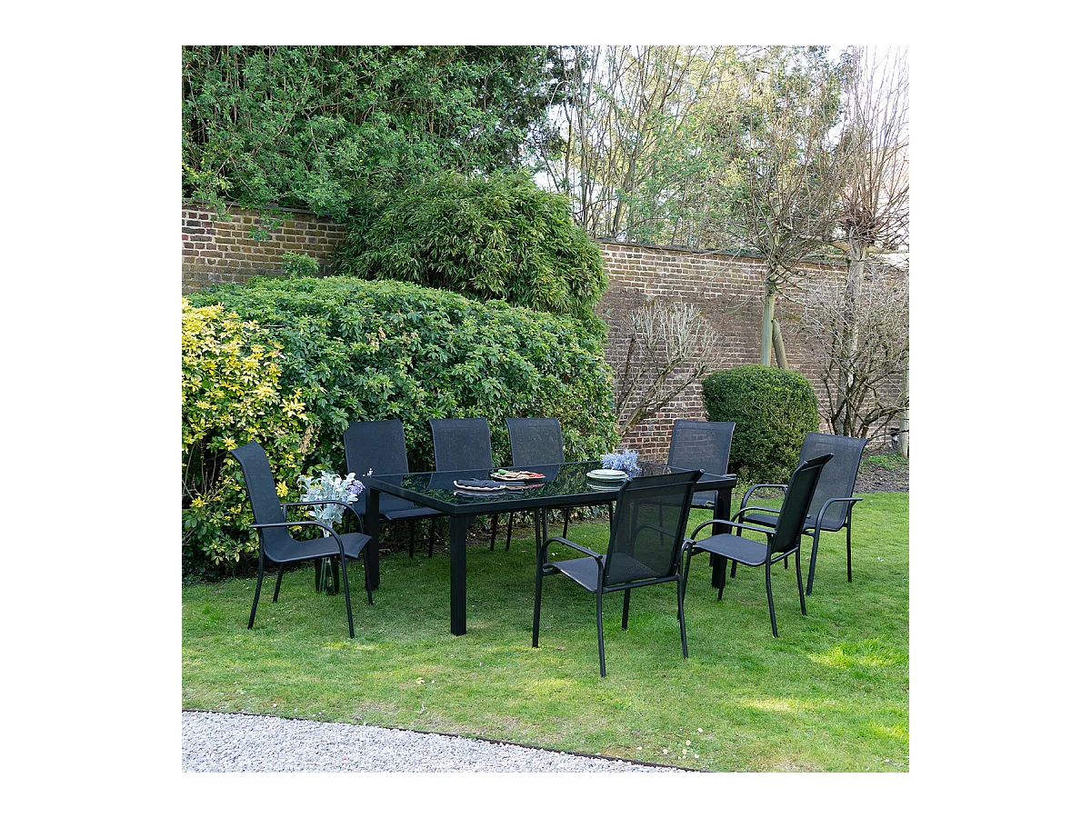 Ensemble BLACKEDITION 8p en aluminium, plateau en verre trempé opaque avec 8 fauteuils en textilène