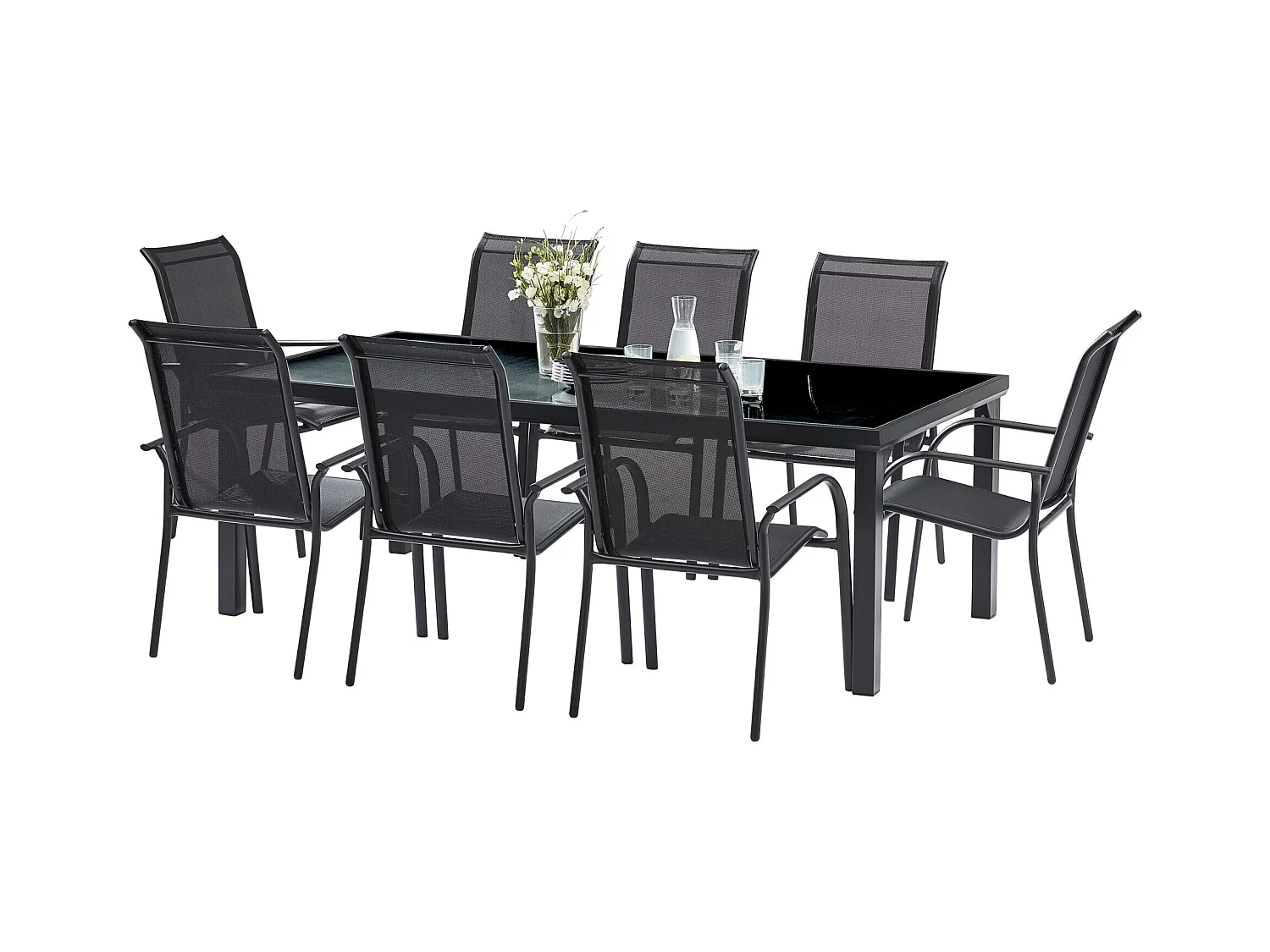 Ensemble BLACKEDITION 8p en aluminium, plateau en verre trempé opaque avec 8 fauteuils en textilène