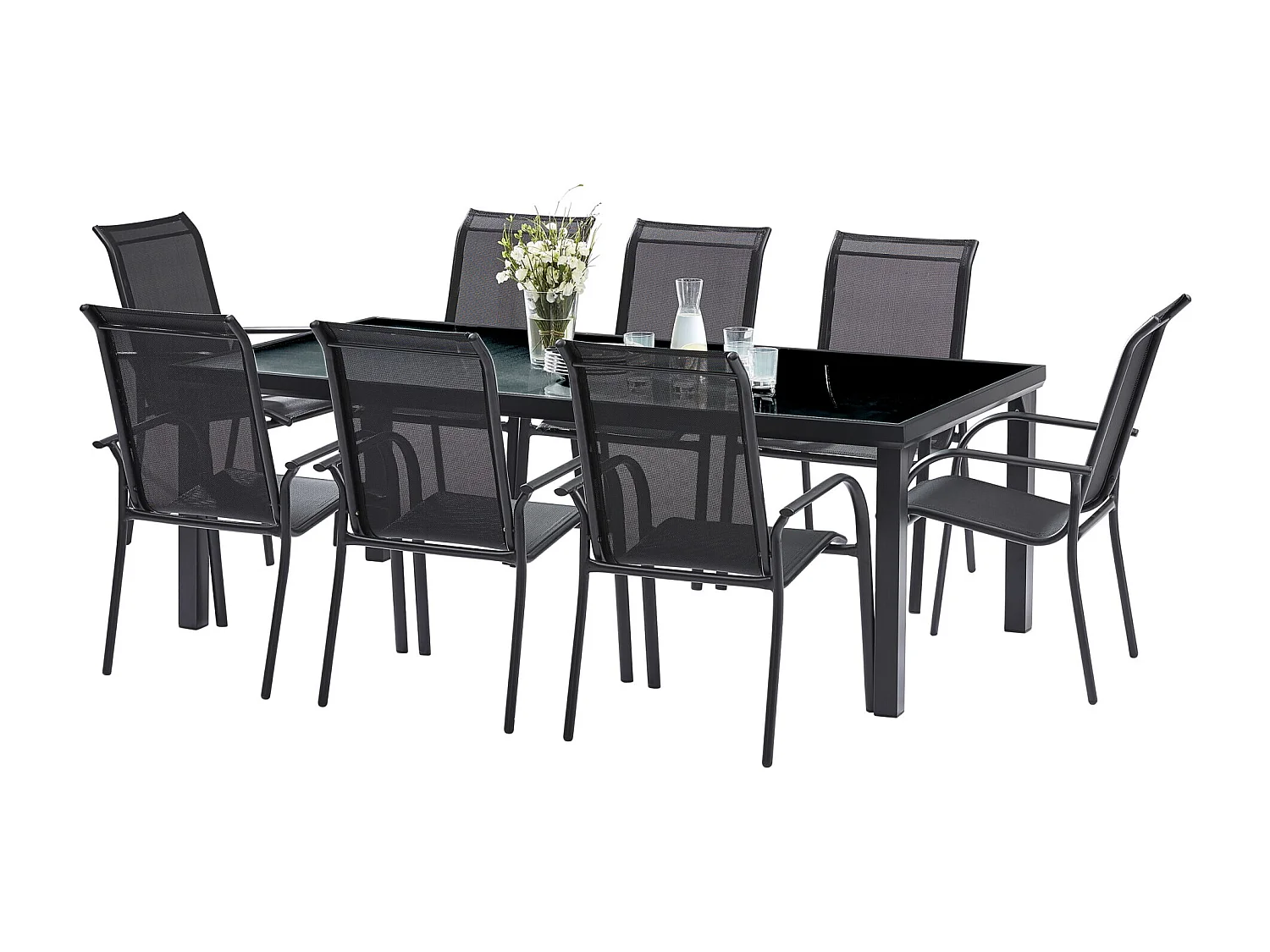 Ensemble BLACKEDITION 8p en aluminium, plateau en verre trempé opaque avec 8 fauteuils en textilène
