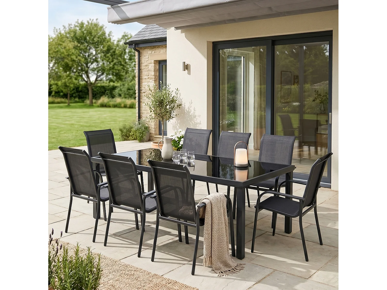 Ensemble BLACKEDITION 8p en aluminium, plateau en verre trempé opaque avec 8 fauteuils en textilène