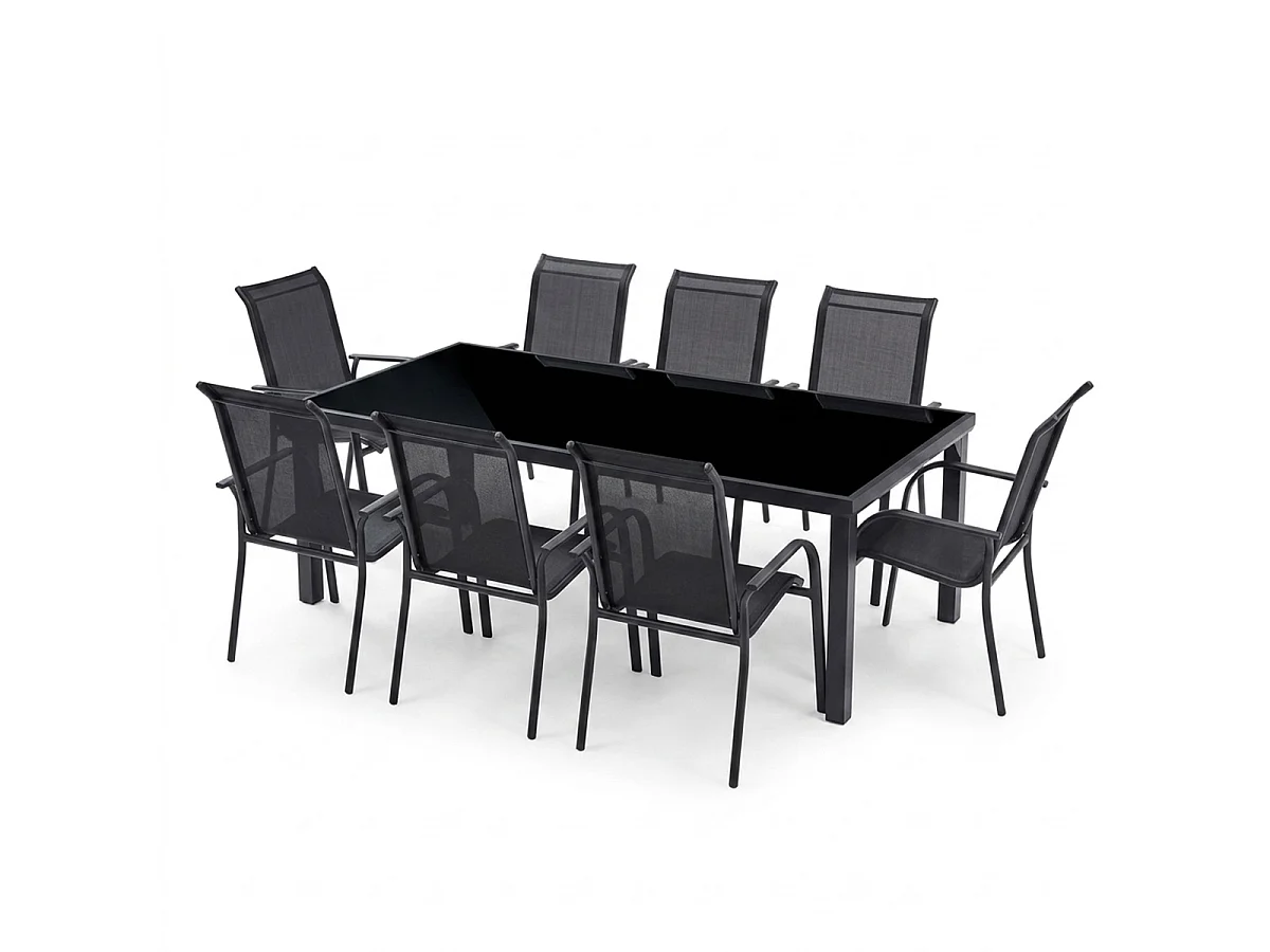 Ensemble BLACKEDITION 8p en aluminium, plateau en verre trempé opaque avec 8 fauteuils en textilène