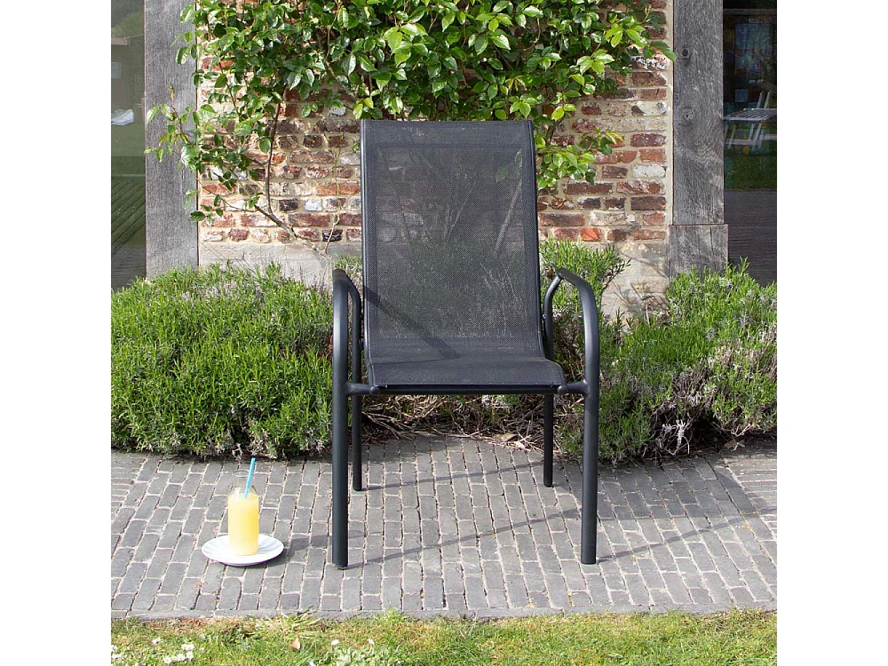 Ensemble BLACKEDITION 8p en aluminium, plateau en verre trempé opaque avec 8 fauteuils en textilène