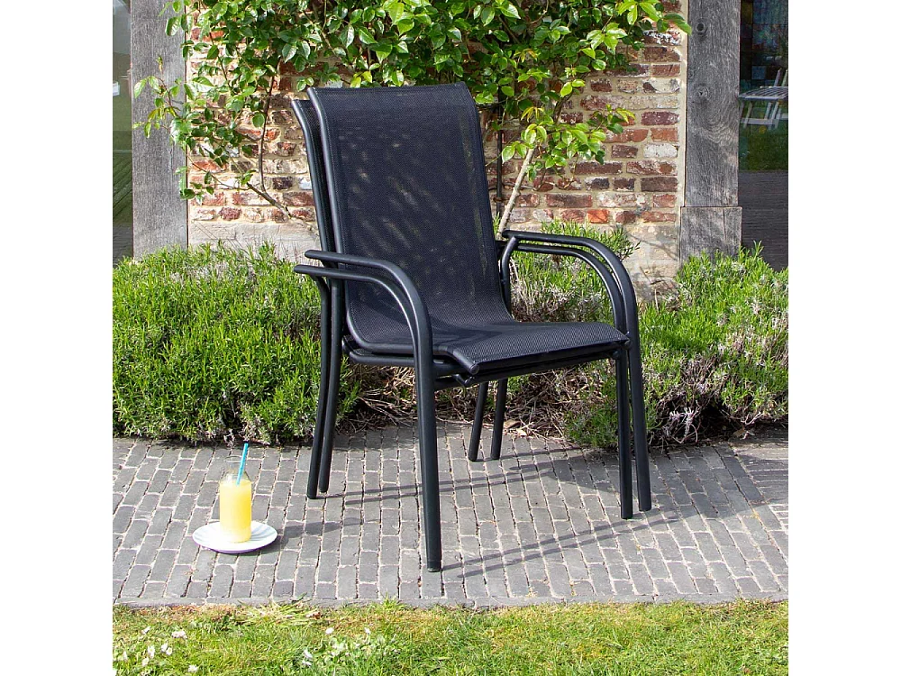 Ensemble BLACKEDITION 8p en aluminium, plateau en verre trempé opaque avec 8 fauteuils en textilène