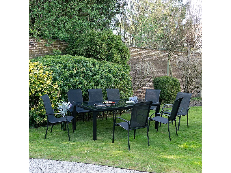 Ensemble BLACKEDITION 8p en aluminium, plateau en verre trempé opaque avec 8 fauteuils en textilène