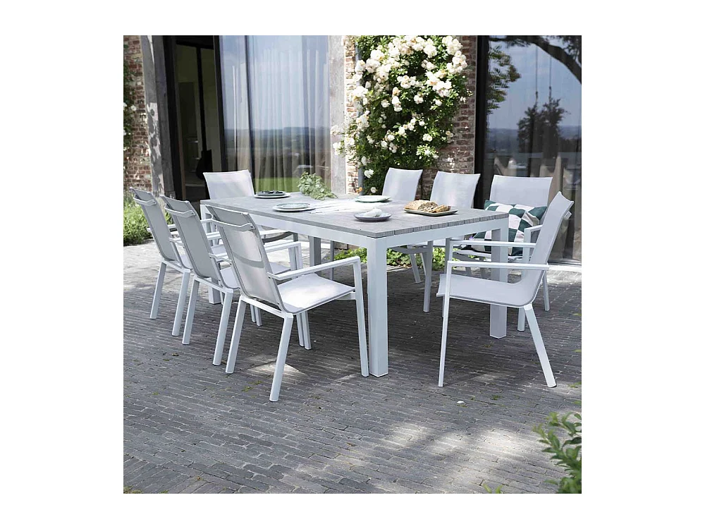 Ensemble TAMPA 8p en aluminium blanc et plateau en alu décors bois avec 8 fauteuils et 4 chaises pliantes