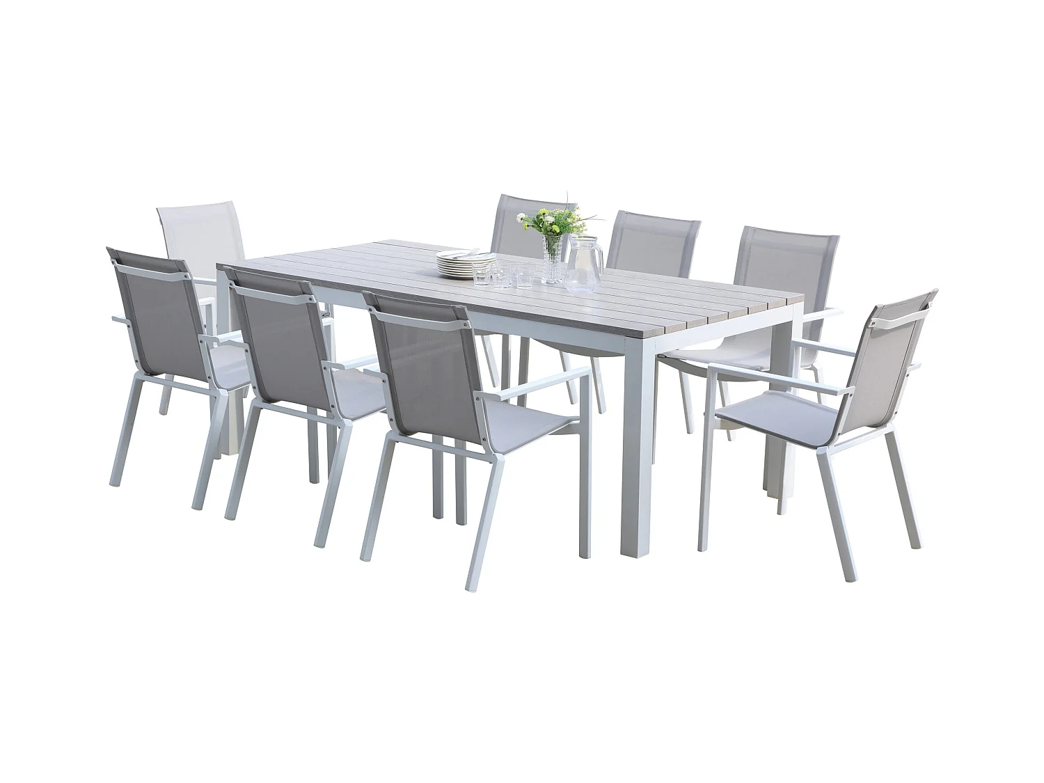 Ensemble TAMPA 8p en aluminium blanc et plateau en alu décors bois avec 8 fauteuils et 4 chaises pliantes
