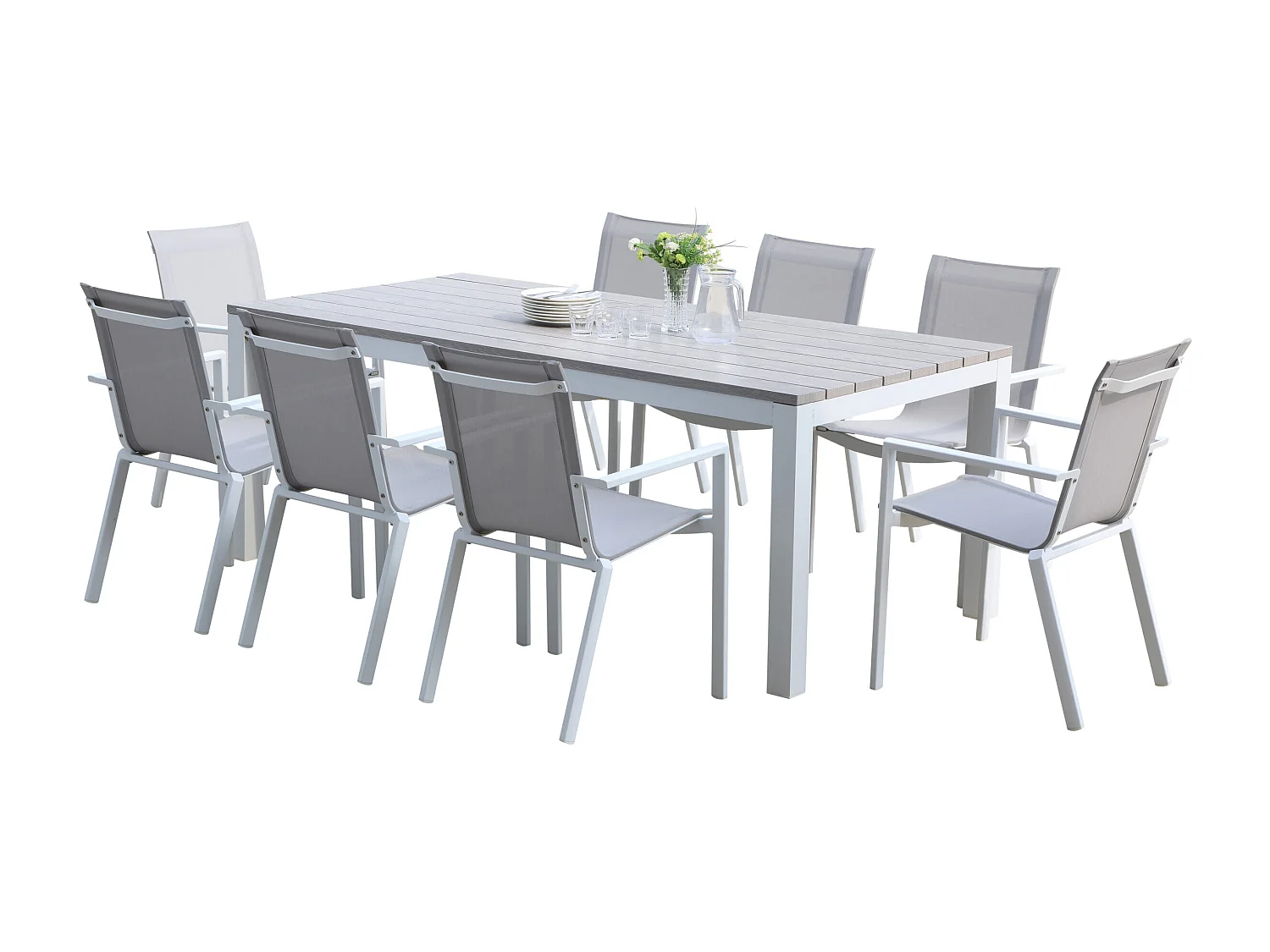 Ensemble TAMPA 8p en aluminium blanc et plateau en alu décors bois avec 8 fauteuils et 4 chaises pliantes