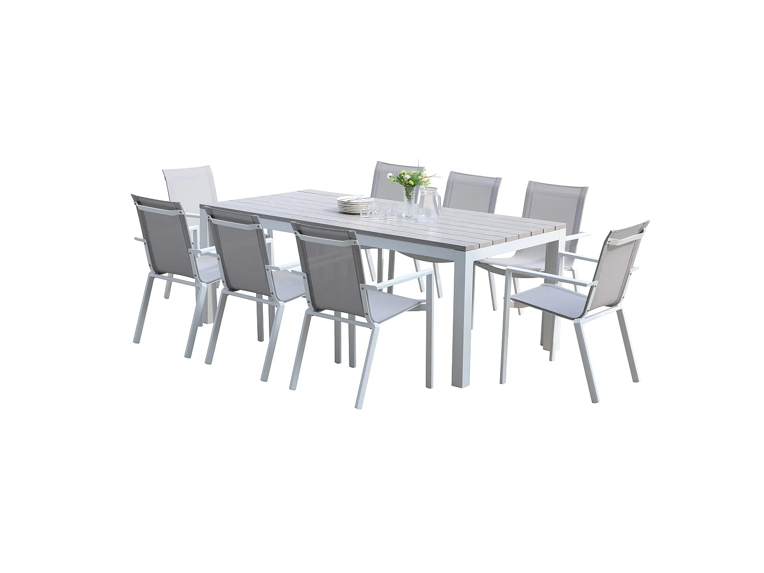 Ensemble TAMPA 8p en aluminium blanc et plateau en alu décors bois avec 8 fauteuils