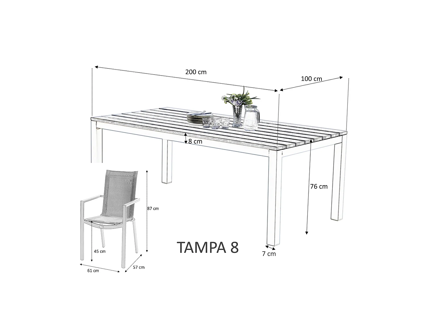 Ensemble TAMPA 8p en aluminium blanc et plateau en alu décors bois avec 8 fauteuils