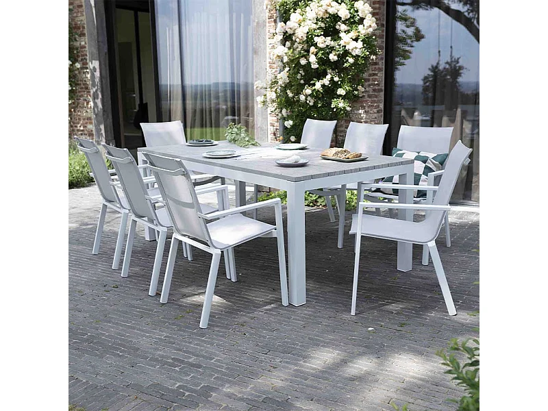 Ensemble TAMPA 8p en aluminium blanc et plateau en alu décors bois avec 8 fauteuils et 4 chaises pliantes