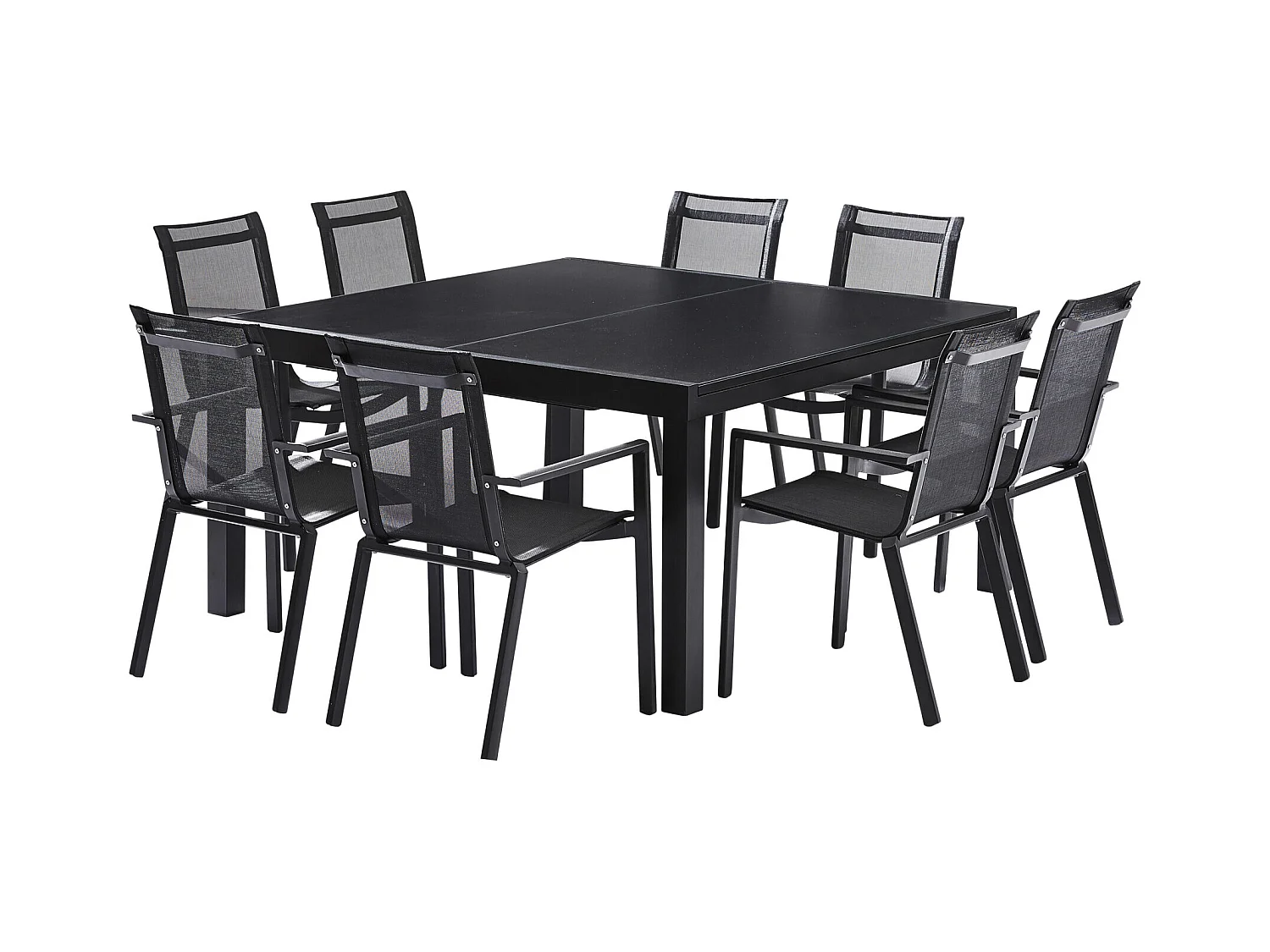 Ensemble BLACKSTAR 8/12p en aluminium noir et verre noir avec 8 fauteuils en textilène