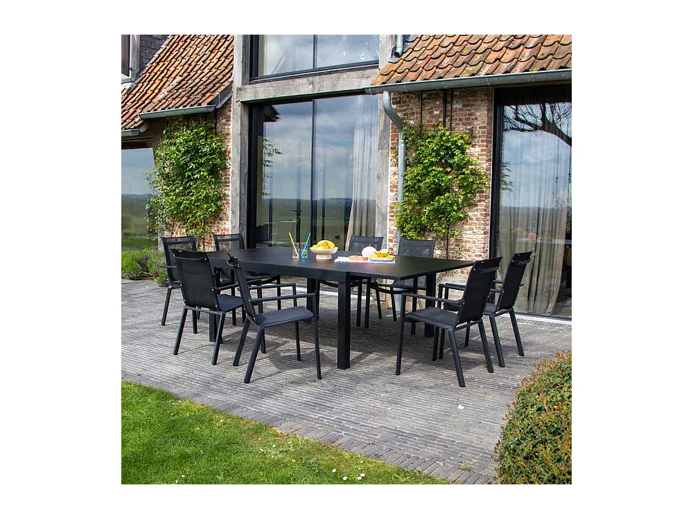 Ensemble BLACKSTAR 8/12p en aluminium noir et verre noir avec 8 fauteuils en textilène