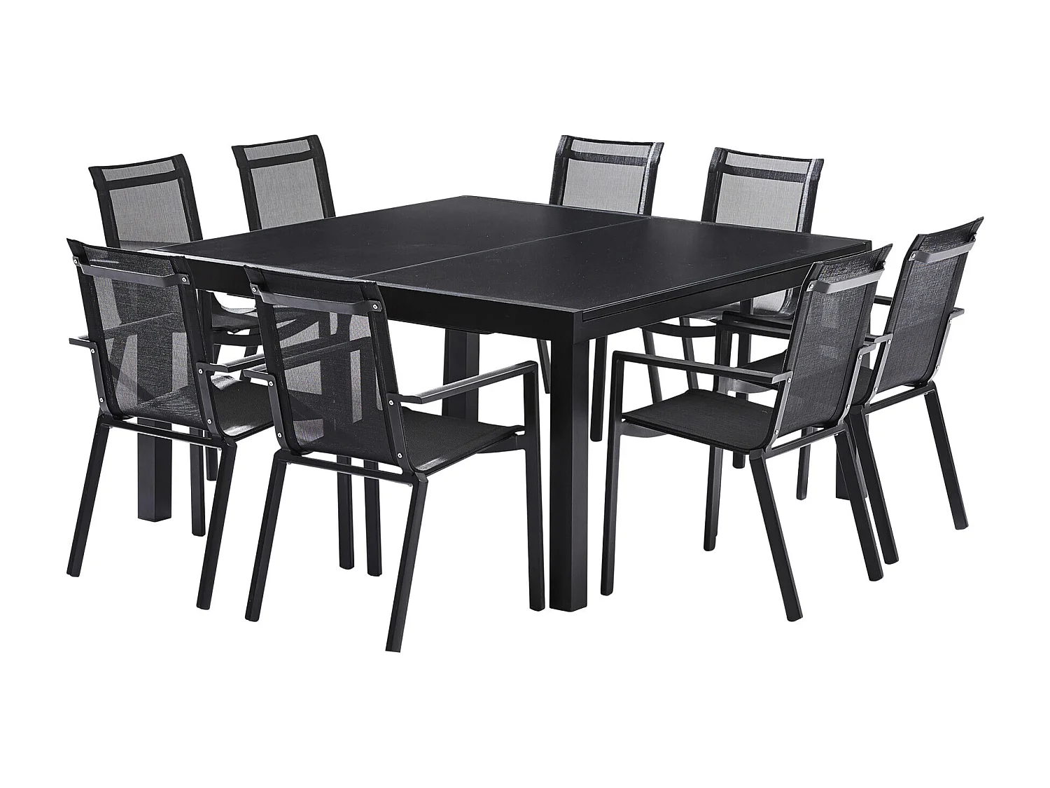Ensemble BLACKSTAR 8/12p en aluminium noir et verre noir avec 8 fauteuils en textilène